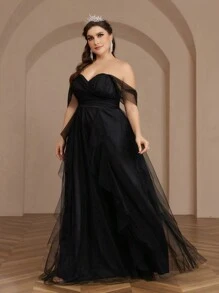 SHEIN Belle Plus Size Romantic Exaggerated Layered Black Mesh Evening Dress Plus Size Formal Ball Gowns Dress Elegant Prom Wedding Guest Dress, For Graduation, Dinner Party Dress - Black - View 2