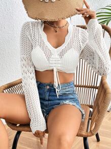 Breezaya Women's Hollow Out Knitted Cropped Sweater Fall Winter - White - View 5