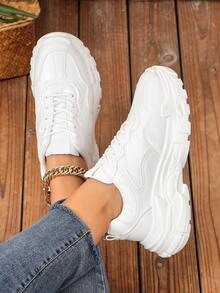 New Style Women's Fashionable Sport Shoes With Round Toe, Solid Color Lace-Up And Thick Sole - White - View 3