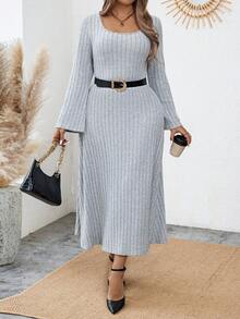 Calvaya Kích thước lớn Màu thuần Đồ đan Ribbed Xu hướng: Cắt giảm Trở lại Tay áo loe Đầm - Xám - Xem 3