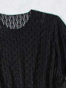 SHEIN Swim Solid Color Knitted Hollow Out Fringe Decor Cover-Up Music Festival Summer - Black - View 5