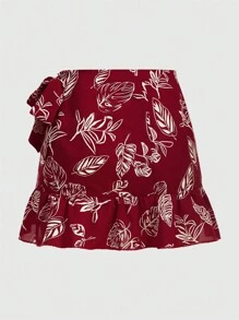 ROMWE 度假风花卉印花裹身迷你裙 - 酒紅色 - 查看 2