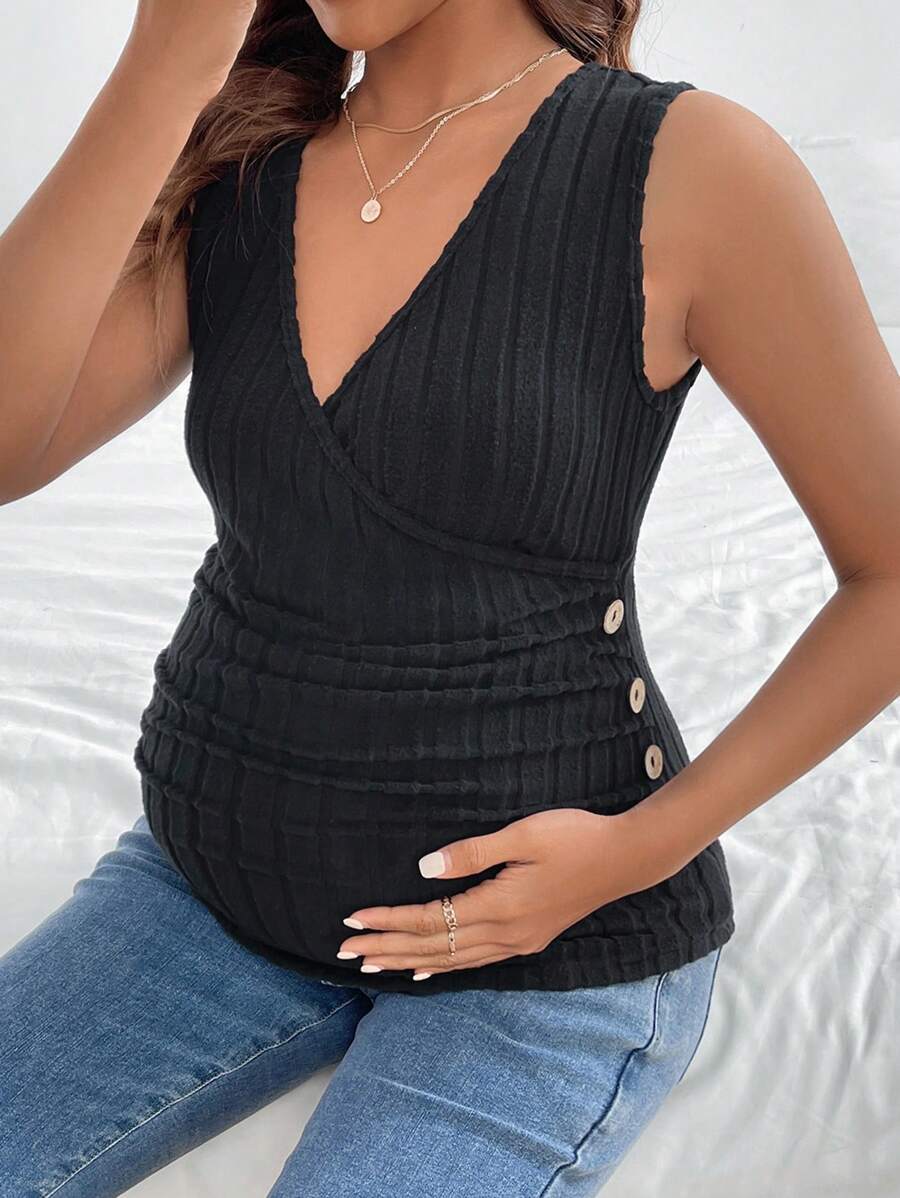 SHEIN Maternity Wrap Nursing Dress With Button Detail And Pleated Design - Black - View 1