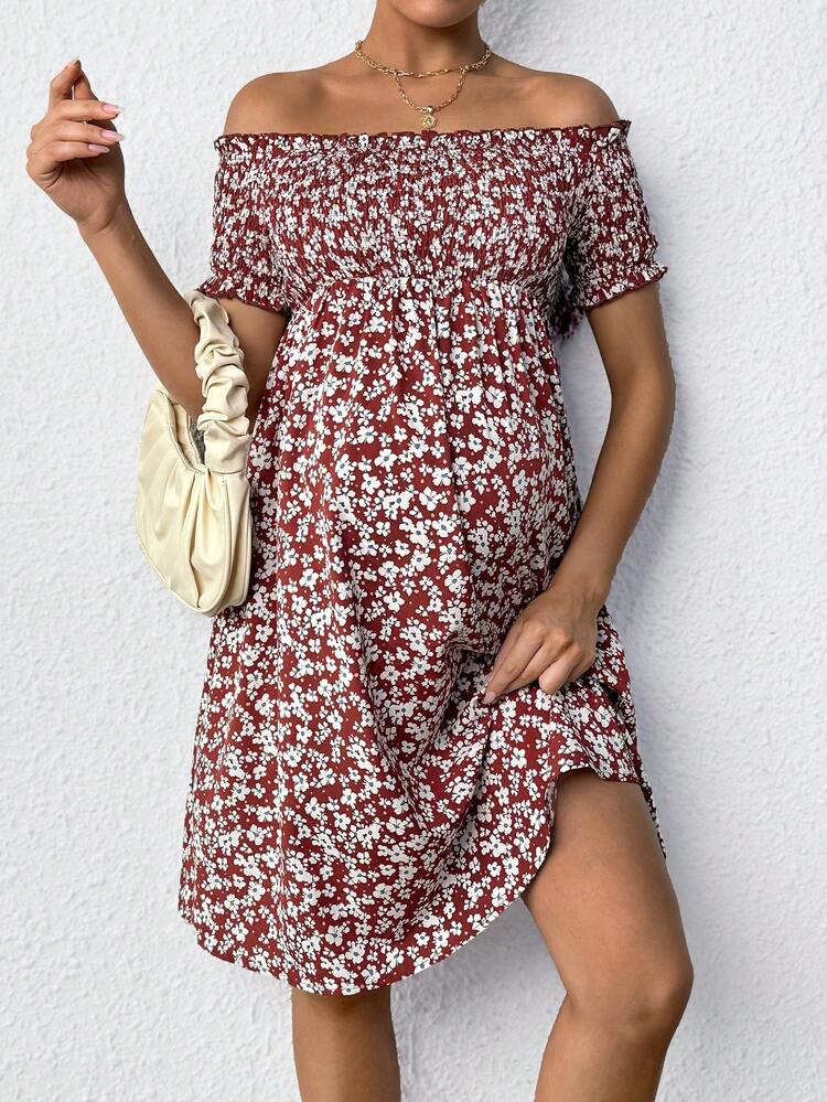 Maternity Young Casual Bodycon Off-Shoulder Floral Print Dress