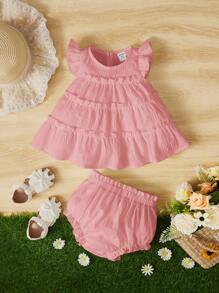 Baby Girl Ruffle Trim Top & Paperbag Waist Shorts - Dusty Pink - View 1