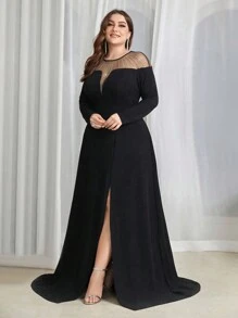 SHEIN Belle Robe de soirée longue à fente haute en diamant luxueuse et élégante avec traîne, robe de mariée noire, robe de soirée à manches longues pour mariage, bal de promo, dîner, graduation - Tailles Plus - Noir - Voir 7