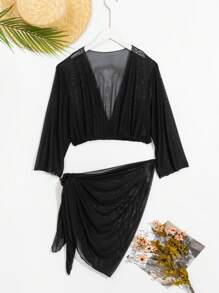 SHEIN Swim Summer Beach Women's Solid Color Cardigan Set, 2pcs - Black - View 6