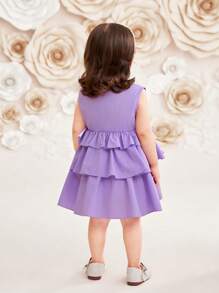 SHEIN Baby Girl Casual Solid Color Stand Collar Sleeveless Multi-Layered Ruffled Hem Dress - Purple - View 2