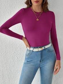 SHEIN BASICS 女士實色修身長袖連身衣 - 中紫紅色 - 查看 5