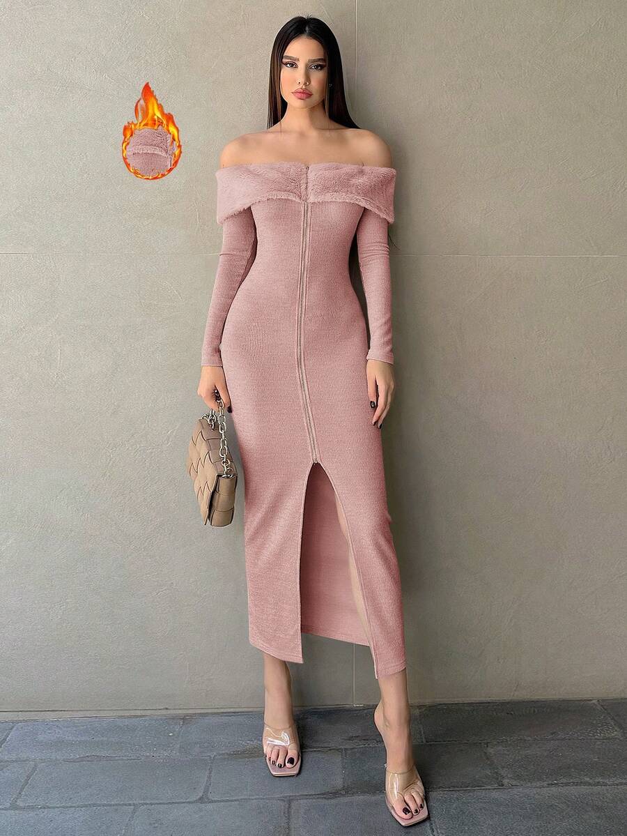 SHEIN Essnce Women's Plush Patchwork Off Shoulder Zipper Front Dress - Baby Pink - View 1