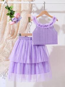 2pcs/Set Tween Girl Frill Edge Mesh Sleeveless Top And Mesh Skirt - Mauve Purple - View 2