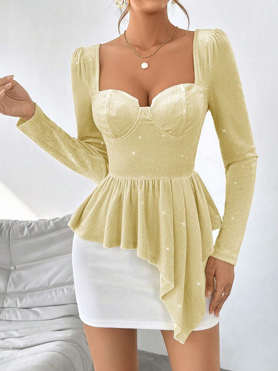 SHEIN Privé Sweetheart Neckline Asymmetric Velvet Bustier T-Shirt With Ruffle Trim Hem - Yellow - View 1