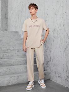 Teenage Boys' Letter Printed T-Shirt And Solid Color Pants Two Pieces Set - Apricot - View 6