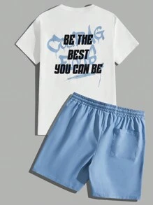 Manfinity RebelGame 男士字母印花t恤和純色短褲套裝 - 白色 - 查看 1