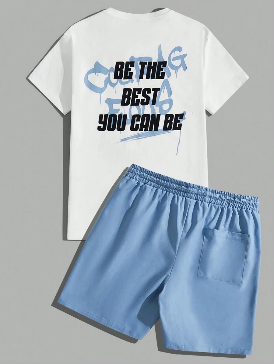 Manfinity RebelGame 男士字母印花t恤和純色短褲套裝 - 白色 - 查看 1