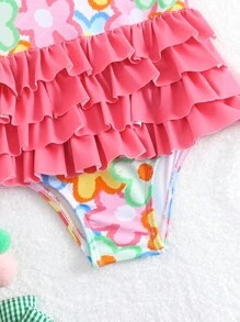 Baby Girl Flower Printed Swimsuit With Layered Ruffle Hem And Swim Cap - Multicolor - View 4