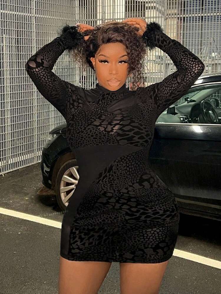 Valentine's Day See-Through Mesh & Furry Sleeve Cuffs Decor Black Tight Mini Dress