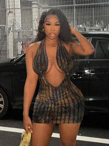 Slaydiva 性感吊带露背透视胸围迷你连衣裙，蓝棕色扎染渐变针织面料 - 彩色 - 查看 3