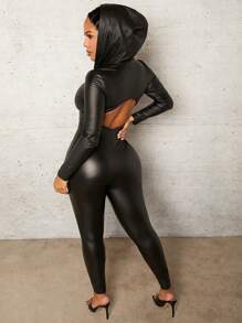 Slaydiva 女性無背連帽緊身衣跳躍裝 - 黑色 - 查看 3