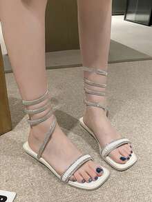 Của phụ nữ Đồ trang trí Rhinestone Con rắn Dây Quấn Thiết kế Dép phẳng , Chóp giầy hình vuông Quần quanh Dép phẳng , Hoàn hảo Đối với Các bữa tiệc Và Ngoài trời - trắng - Xem 4