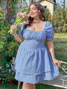 Dreamara Retro Kẻ sọc Hình vuông Đường viền cổ áo Kích thước lớn Của phụ nữ Đầm - Nhiều màu - Xem 6