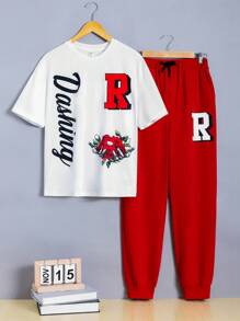 SHEIN 2入組/套青少年男孩字母印花短袖t恤和褲子套裝 - 彩色 - 查看 1