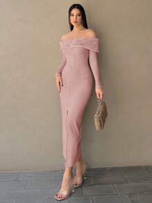 SHEIN Essnce Women's Plush Patchwork Off Shoulder Zipper Front Dress - Baby Pink - View 4