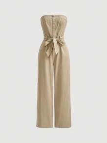 SHEIN MOD 女士純色無肩帶連身褲 - 卡其色 - 查看 1