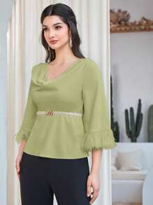 Modelyn 女士兜帽領和袖口拼接襯衫 - 薄荷綠 - 查看 3