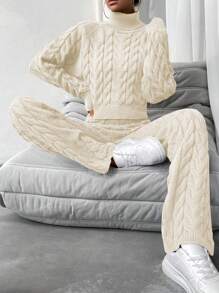 SHEIN Essnce Women's Two Pieces Set Of Twisted Knit High Neck Sweater - Beige - View 4
