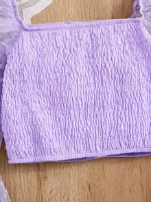 Cô gái Tween Chấm bi Lưới Dệt Cổ vuông Ống tay áo Giải trí Áo sơ mi - Màu tím - Xem 3