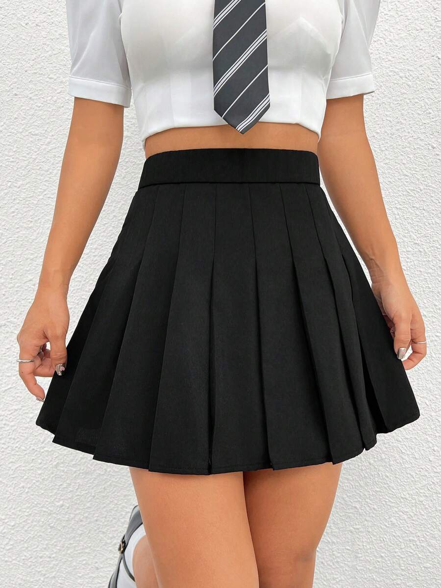 SHEIN PETITE Solid Color High Waist Pleated Skirt - Black - View 1