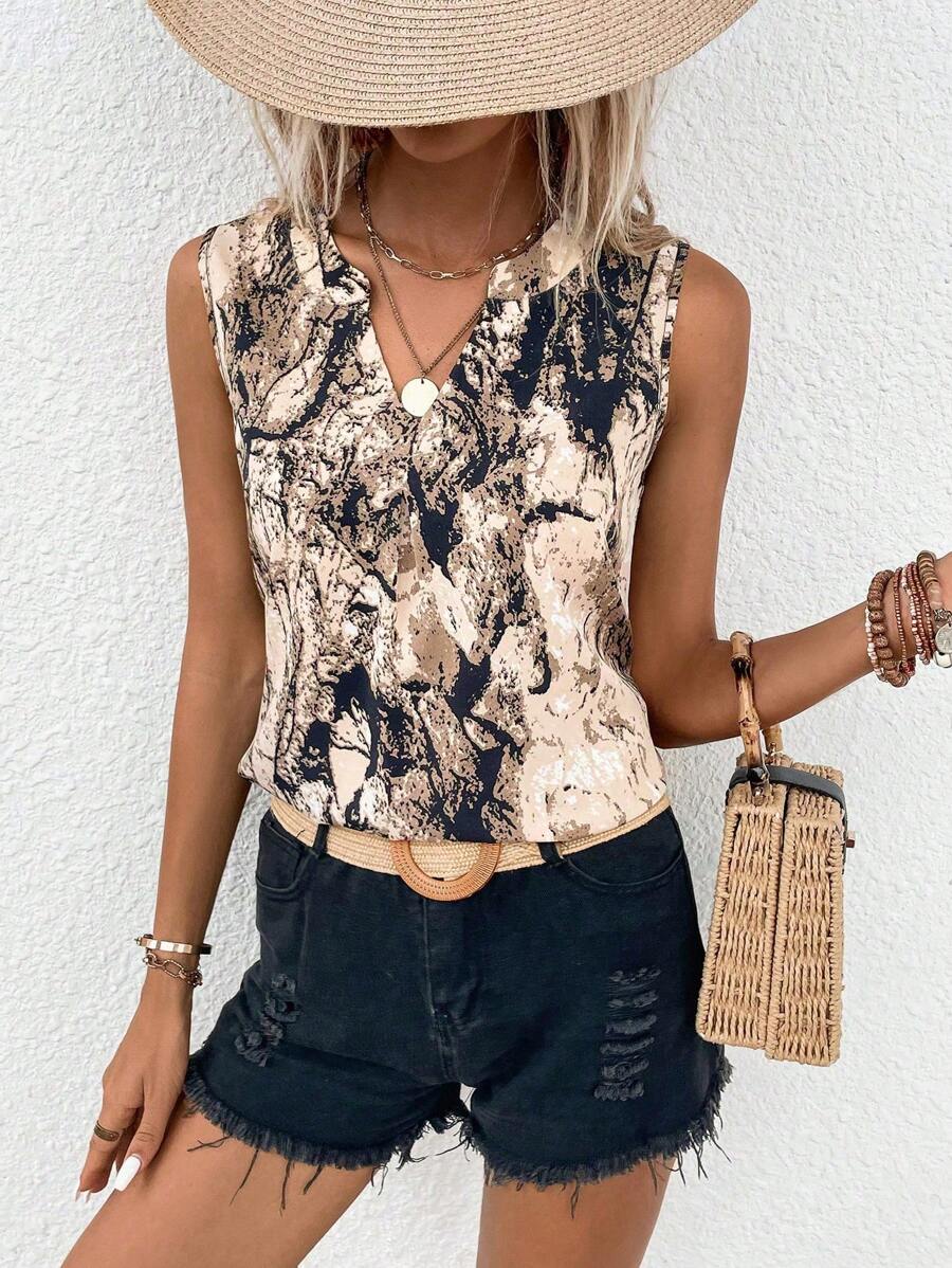 SHEIN LUNE 圖案印花缺口領無袖襯衫 - 彩色 - 查看 1