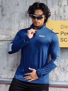 Manfinity Sport Corelite Men Letter Graphic Quarter Zip Sports Jacket Workout Tops Workout Tops Gym Top Fall Breathable Sports Jacket - Navy Blue - View 1