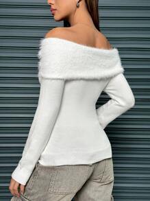 SHEIN Unity Women's Long Sleeve Off Shoulder Sweater With Button Decor Knit Pullover Fall Winter Outfit - White - View 2