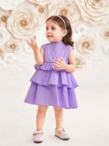 SHEIN Baby Girl Casual Solid Color Stand Collar Sleeveless Multi-Layered Ruffled Hem Dress - Purple - View 3
