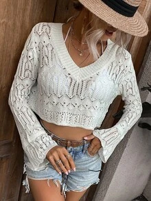 V-Neck Hollow Out Cover Up Summer - White - View 5