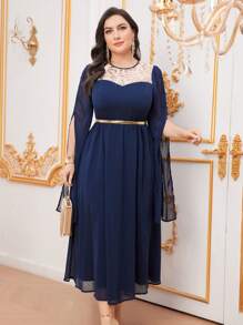 Modelyn 大码女式圆领长袖连衣裙，配闪亮拼布和侧开衩长款晚礼服 - 藏蓝色 - 查看 5