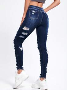 SHEIN Essnce 破洞修身牛仔褲 - 深色水洗藍 - 查看 2