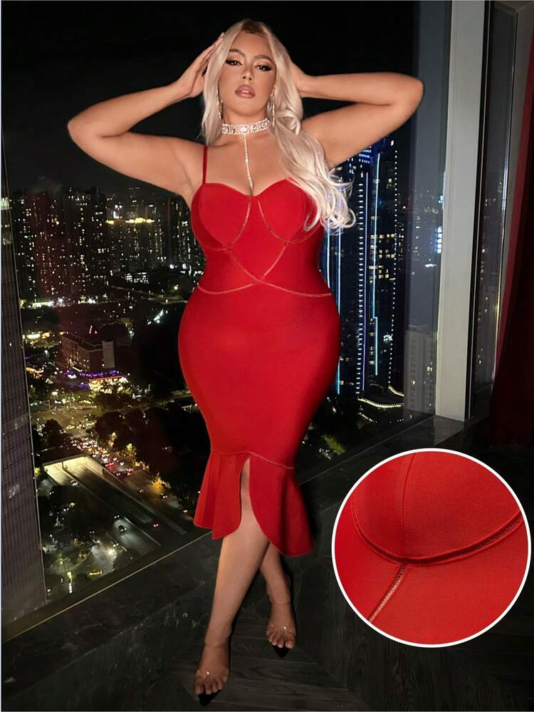 Plus Size Women'S Spring Summer High Split Hem Red Bandage Dress