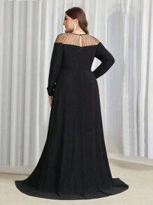 SHEIN Belle Robe de soirée longue à fente haute en diamant luxueuse et élégante avec traîne, robe de mariée noire, robe de soirée à manches longues pour mariage, bal de promo, dîner, graduation - Tailles Plus - Noir - Voir 4