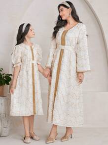 SHEIN 女孩刺繡泡泡袖連身裙 - 米色 - 查看 2