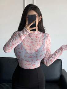 DAZY Của phụ nữ Phong cách Vintage In hoa Lưới trong suốt Top Cây trồng - Hồng - Xem 4