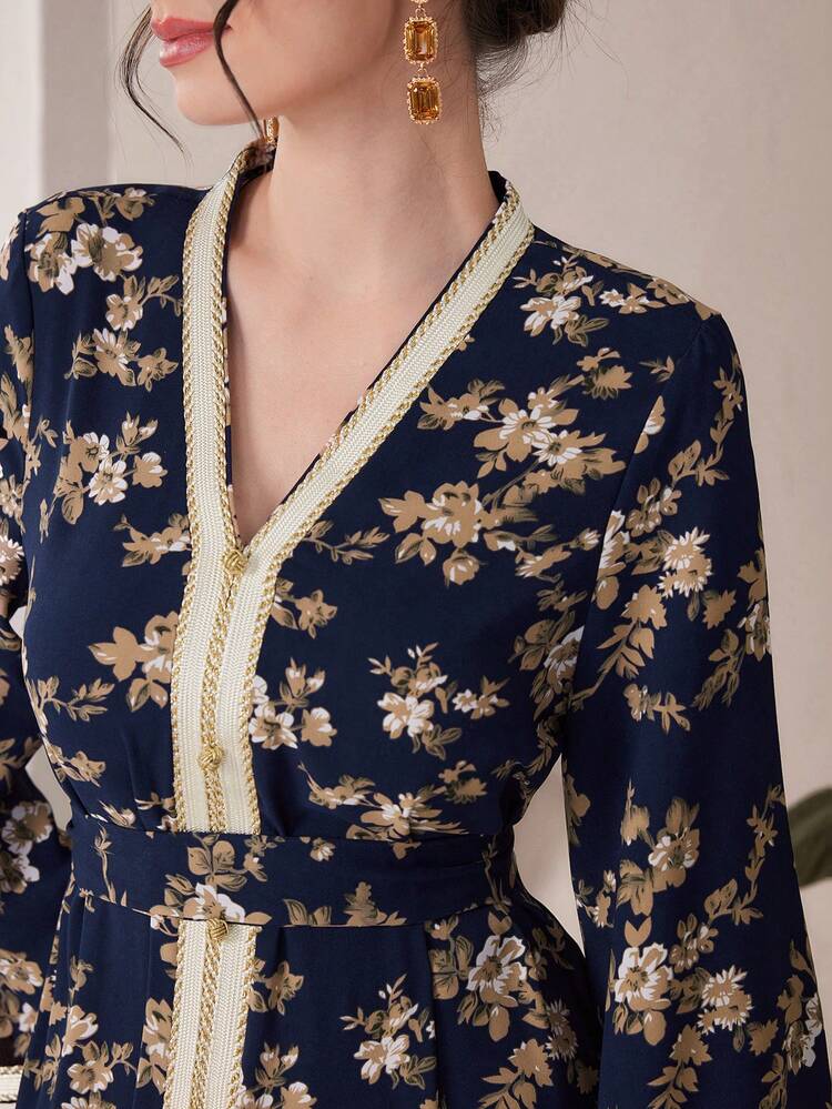 Floral Print Bell Sleeve Patchwork Lace Up Dress