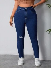 SHEIN EZwear 大碼撕破款修身牛仔褲 - 藍色 - 查看 1