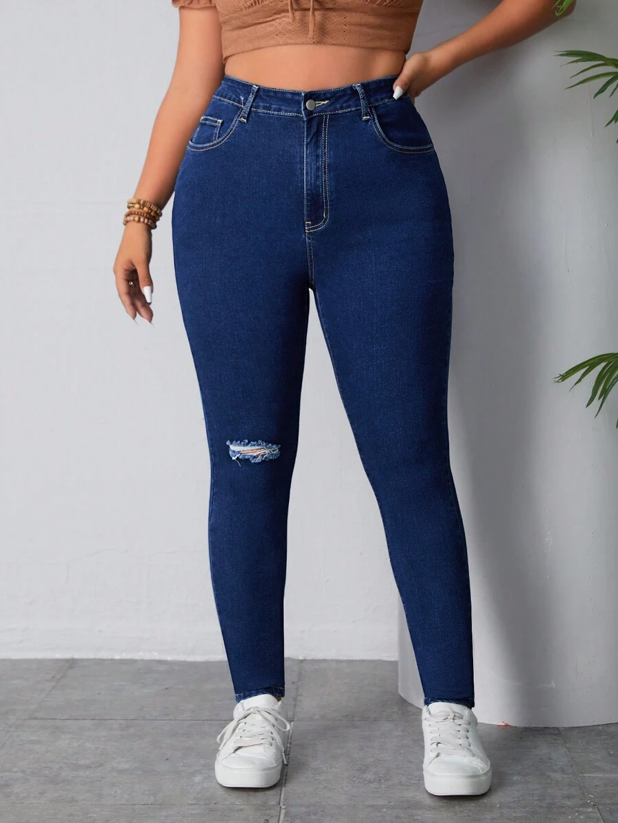 SHEIN EZwear 大碼撕破款修身牛仔褲 - 藍色 - 查看 1