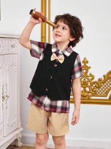 SHEIN 3 件套幼兒男孩時尚休閒格紋襯衫、背心和短褲套裝 - 彩色 - 查看 1