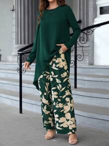 EMERY ROSE Zweiteiliges Set Aus Einfarbigem, Schlichtem Oberteil Und Bedruckten Hosen Für Damen