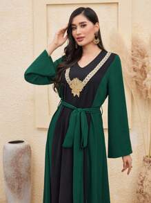 Al Najma Women'S Embroidery Patchwork V-Neck Color Block Long Sleeve Dress - Multicolor - View 4