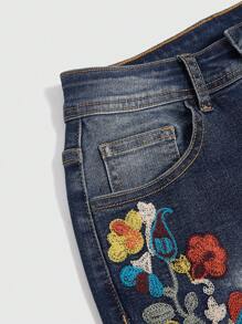ROMWE Fairycore 花卉刺繡洗水喇叭牛仔褲 - 藍色 - 查看 3
